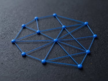 Abstract network routing diagram with electric blue connections on a dark slate background, cool crisp studio lighting, sharp macro focus.