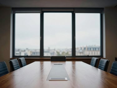 Minimalist corporate boardroom in Paris with large windows, quiet interior light, polished wood table reflecting soft overcast sky.
