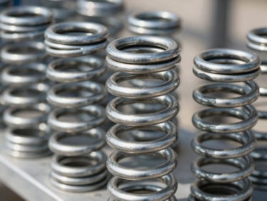 Close-up of heavy-duty steel garage door torsion springs, bright natural daylight, clean industrial steel tones, detailed focus, 35mm lens.