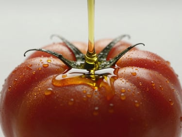 Macro close-up of rich golden olive oil pouring onto a ripe, textured heirloom tomato, natural low-contrast daylight.