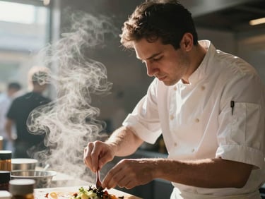 Diffused daylight, chef in unposed moment of intense focus behind the pass, steam rising softly in the background, low-contrast.