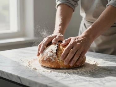 Hands kneading sourdough bread on a cold marble counter, soft diffused morning light from a side window, flour dust suspended in the air, Scandinavian aesthetic.