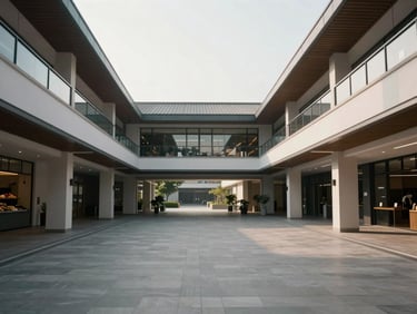 Wide environmental shot of a modern food market courtyard, soft morning light, clean architectural lines, empty spaces.