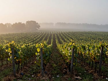 Atmospheric environmental shot of a quiet French vineyard at dawn, mist rising between the rows, soft low-contrast morning light, no people.