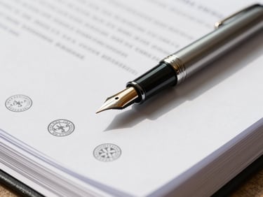 Close-up of a fountain pen resting on a neatly organized stack of legal documents with official stamps, bright natural morning light, high contrast, clean editorial framing.