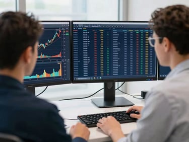 A professional trader analyzing multi-monitor setup with options chain data, clean daylight, premium look