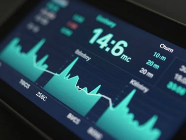 Macro close-up of a high-fidelity digital dashboard showing predictive customer churn metrics, dark obsidian interface, glowing electric teal charts, sharp focus