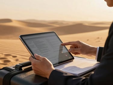 Hands of a travel consultant reviewing documents on a high-end tablet screen, soft golden hour glow, luxury corporate environment