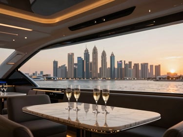 Sleek modern luxury yacht interior with champagne glasses on a marble table, looking out to the Dubai Marina skyline, warm sunset light, luxury editorial photography