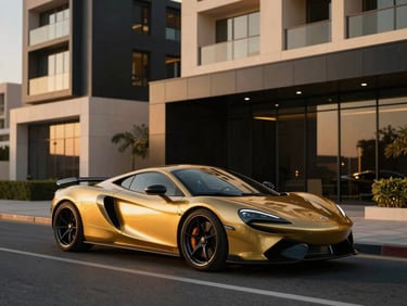 A sleek gold sports car parked in front of modern luxury architecture in Dubai, obsidian accents, sharp lighting.