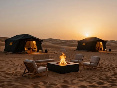 Luxury desert camp in Dubai at sunset, private fire pit, warm gold lighting, premium setup, cinematic composition.