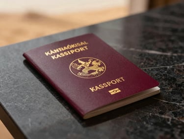 A crisp professional close-up of a Turkish passport on a clean dark marble desk, soft warm side lighting, luxury editorial style