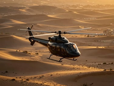 Helicopter flying over Palm Jumeirah at golden hour, high-contrast luxury travel photography, 35mm lens.