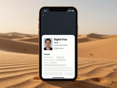 A luxury modern smartphone displaying an approved digital visa document, sleek dark background, gold accents
