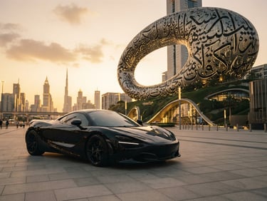 Sleek black modern supercar parked in front of futuristic Dubai museum of the future architecture, golden hour desert light reflecting on metallic body, 35mm cinematic travel photography