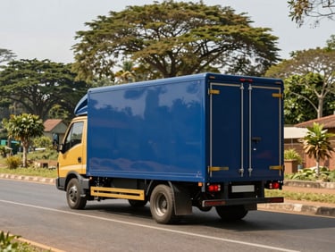 Camion de livraison moderne circulant sur une route inter-provinciale au Gabon, forêt équatoriale en arrière-plan, lumière du jour contrastée, perspective dynamique.