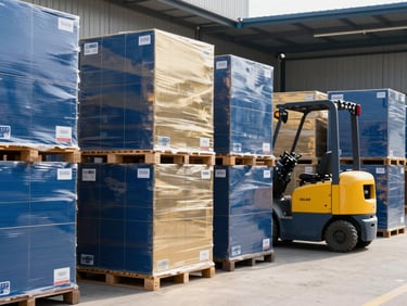 Intérieur d'un entrepôt logistique moderne et organisé, palettes de marchandises étiquetées, chariot élévateur en arrière-plan, éclairage naturel précis.