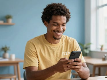 Trabalhador brasileiro sorrindo, segurando o celular e vendo a notificação de Pix recebido, em um ambiente cotidiano, tons de azul e dourado.