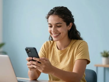 Trabalhadora brasileira sorrindo e aliviada, olhando para o celular em um ambiente de trabalho casual, luz natural, tons de azul e dourado.