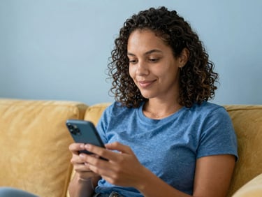 Mulher brasileira, com expressão de tranquilidade, utilizando o celular em casa, com foco na tela e na sua expressão, tons de azul e dourado.