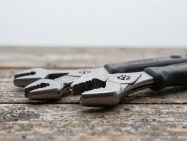 Macro close-up of clean steel hand tools resting on a weathered wooden workbench, flat overcast Oregon daylight, desaturated slate tones, sharp focus, 50mm