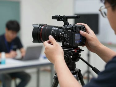 Close-up of hands setting up a professional camera on a tripod in a mobile media lab, natural high-contrast daylight, shallow depth of field.