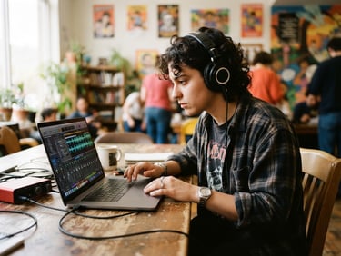 Young person intensely focused on editing audio on a laptop, headphones on, in a vibrant community center, natural high-contrast daylight, shallow depth of field.