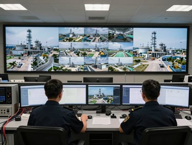 Wide environmental shot from above and behind a security command room: two uniformed operators seated at a multi-monitor surveillance console displaying live camera feeds of industrial sites, clinical overhead lighting, equipment cables and communication gear visible in the foreground, no smiling or posed positions — strict operational focus