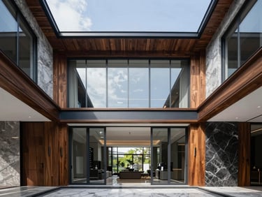 Crisp natural daylight illuminating a modern luxury home interior with premium wood and marble finishes, architectural symmetry, 35mm