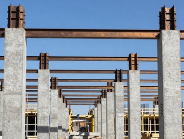 An organized, clean modern construction site with concrete pillars and steel frames under a clear blue sky, geometric leading lines, bright daylight