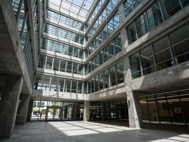 Extremely wide architectural shot of a modern concrete and glass office atrium, sharp technical shadows, cool daylight, structural steel beams visible, high contrast.