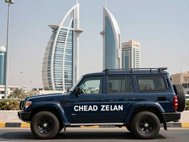 Branded navy service vehicle parked along Sheikh Zayed Road with the iconic Emirates Towers architecture rising in the background, crisp daylight.