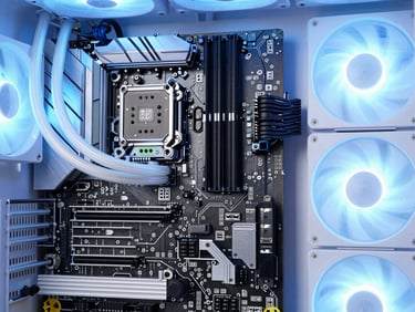 Close-up of a custom workstation motherboard, liquid cooling tubes with cool blue fluid, clean technical lighting, sharp focus, 35mm