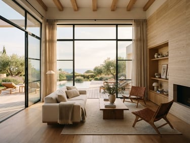 Elegant modern villa interior with soft afternoon sunlight streaming through large floor-to-ceiling windows, minimalist design, rich natural oak wood and travertine stone textures, high-end architecture, 35mm photography