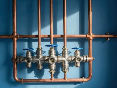 A pristine home mechanical room showcasing copper water lines, stainless steel manifold valves, and high-contrast daylight casting clean shadows across the technical setup.