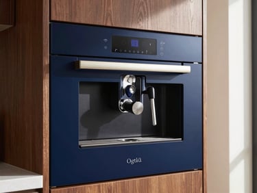 Close-up detail of a professional luxury kitchen showing a high-end built-in espresso system and integrated smart appliances, set against dark oak cabinetry in crisp daylight.