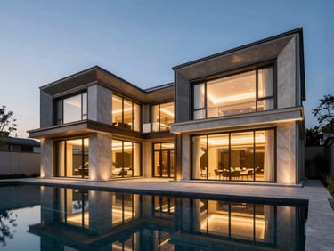 Wide-angle architectural photograph of a modern luxury estate exterior at dusk, sharp geometric lines, warm interior lights glowing through expansive glass facades, reflecting on a perfectly still pool.