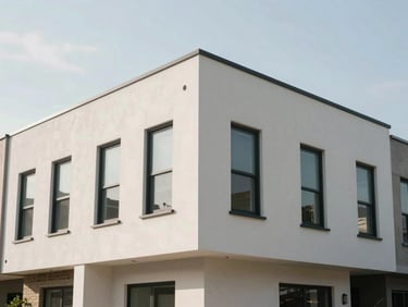 Exterior corner shot of a contemporary townhouse row, late morning flat light, clean facade detail, no people, low angle emphasising architectural proportion