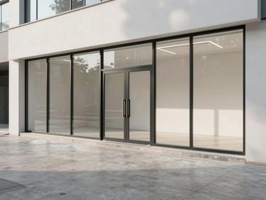Wide shot of a ground-floor retail unit interior, large glazed shopfront, polished concrete floor, clean even studio-quality daylight, empty unit showing raw architectural shell, neutral and clinical framing