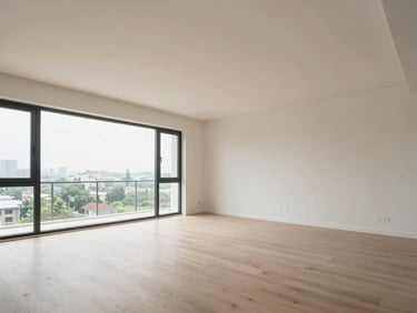 Wide environmental shot of a residential apartment living room, clean daylight from a large window, minimal furniture, architectural lines sharp, no people, neutral tones, professional even lighting revealing ceiling height and floor plan