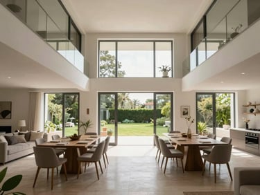 Wide shot of a villa's open living and dining area, double-height ceiling, large glass doors to a garden visible in background, even interior daylight, no occupants, clean architectural framing