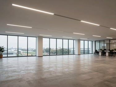 Wide shot of a modern commercial office floor, clean overhead lighting revealing open-plan layout, floor-to-ceiling glazing on the far wall, no people, neutral finishes, even professional lighting with no shadows or color grading