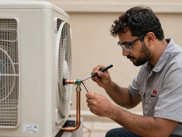 A uniformed technician methodically brazing clean copper pipes on an AC unit in Dammam, sharp focused work-light.