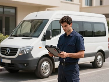 A clean, modern service vehicle parked outside a Dammam property, a uniformed technician carrying professional diagnostic tools