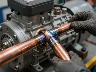 Close-up of clean copper pipe brazing on a heavy-duty industrial AC compressor unit, professional workmanship