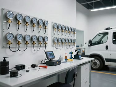 A clean, modern workshop interior in Dammam with organized technical diagnostic tools, manifold gauges on wall racks, and a parked service vehicle.
