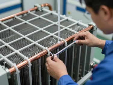 A technician performing chemical descaling on a pristine condenser coil, clean copper pipes visible
