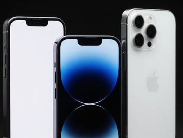 Close-up of three pristine iPhones showing immaculate screens and metallic edges, dark studio lighting with subtle cyan highlights.