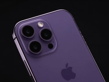Detailed studio shot of iPhone 14 Pro deep purple glass back and camera bump, low-key lighting, clean reflections