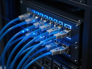 Macro shot of a high-density fiber optic patch panel in a dark server room, glowing blue laser light passing through blue translucent cables, clean cabling structure, high contrast, sharp details.